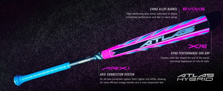 Louisville Slugger Atlas Evoke Alloy Barrel- High performing alloy barrel, optimized to deliver unmatched performance and feel on every swing XPND Performance End Cap- Creates more flex toward the end of the barrel, improving forgiveness on mis-hit balls. ARX1 Connection System- An all-new connection system that's lighter and stiffer, allowing for more efficient energy transfer and a more responsive feel.